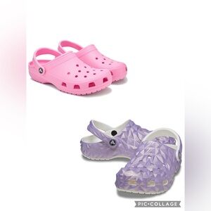 CROCS Classic Kids' Pink Clog and Lavender Iridescent Geometric Water Shoes 11